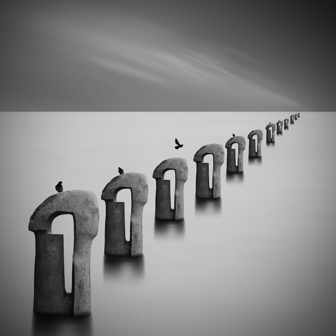 sea of fog, fog, ocean, sea, pier, abstract, wallpaper, birds, fantasy, nature, water, beautiful wallpaper, black and white, 4k wallpaper, gray water, gray abstract, gray sea, gray fantasy, gray birds, gray ocean, gray wallpaper