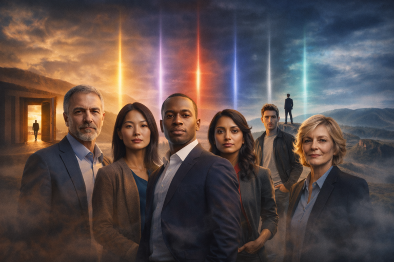 A diverse group of professionals of different ages and cultures stand in varied poses against a cinematic landscape with coloured light beams symbolising stages of judgement, reflection, and leadership growth.