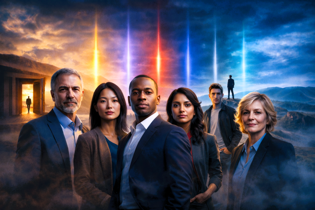 A diverse group of professionals of different ages and cultures stand in varied poses against a cinematic landscape with coloured light beams symbolising stages of judgement, reflection, and leadership growth.