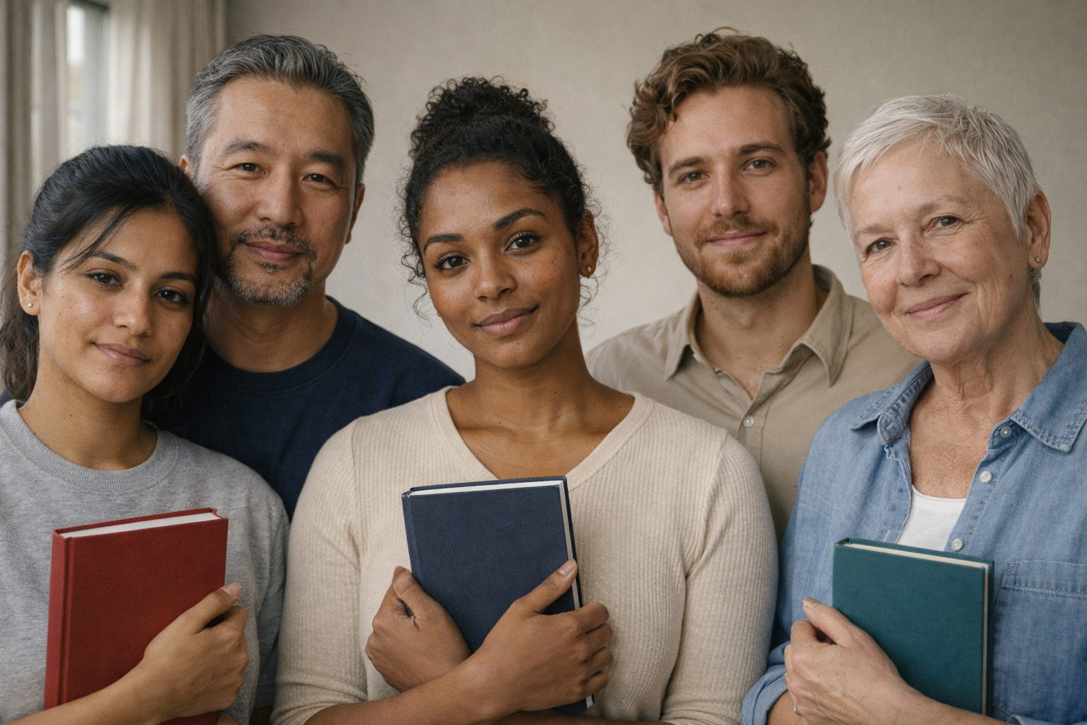 Five culturally diverse adult learners holding books, photographed indoors in natural daylight