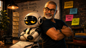 Stylised cinematic illustration of a man and a mildly judgemental robot standing back-to-back with folded arms in a creative workspace filled with sticky notes, learning prompts, and instructional design references.
