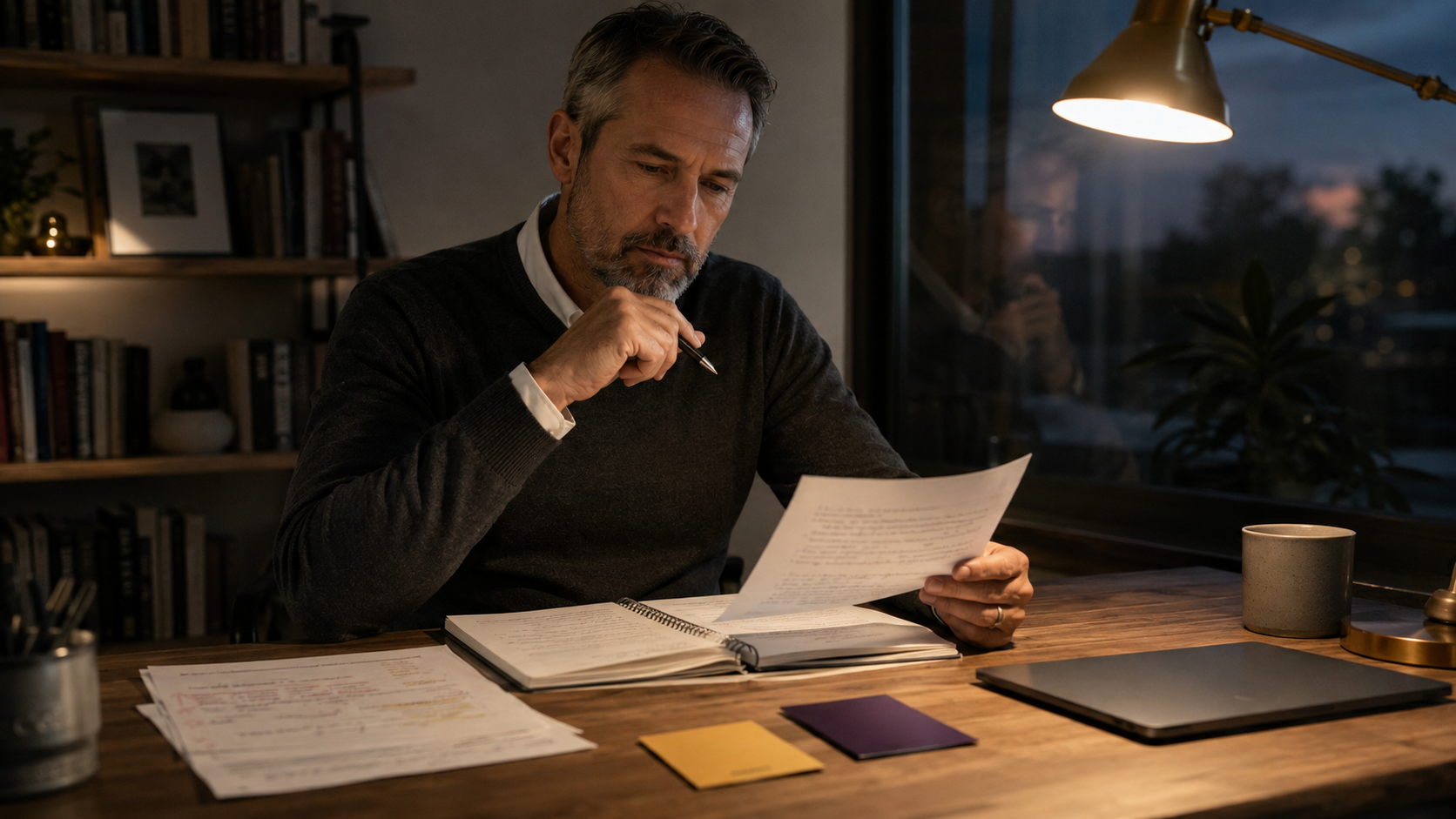 Reflective adult learner reviewing notes in a home office while considering empathy, emotional intelligence, manipulation, and ethical boundaries.