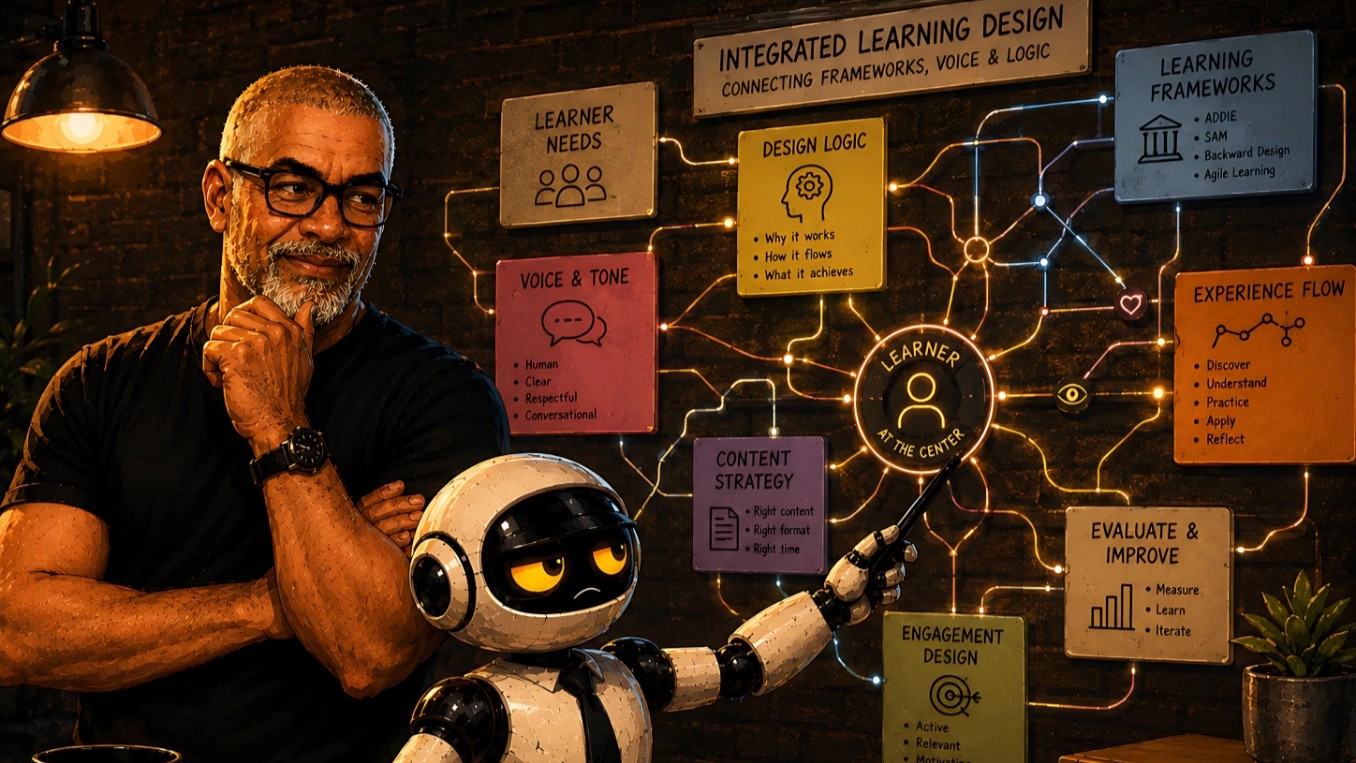Instructional designer working with an AI assistant beside a visual learning design framework wall showing learner needs, design logic, content strategy, engagement design, and evaluation.